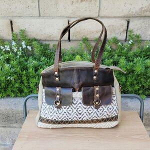 Myra Leather Canvas Woven Khaki Green Brown Boho Tapestry Shoulder Tote Bag.